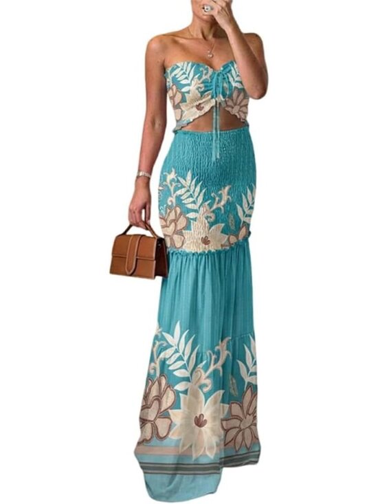 Dresses & Skirts - Women's Printed Green Floral Printed Halter Tie Ruched Shirred Ruffle Hem Dress